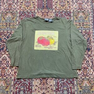 VTG 80s 90s Lizwear Olive Green Long Sleeve Patch T Shirt Apples graphic USA‎ M